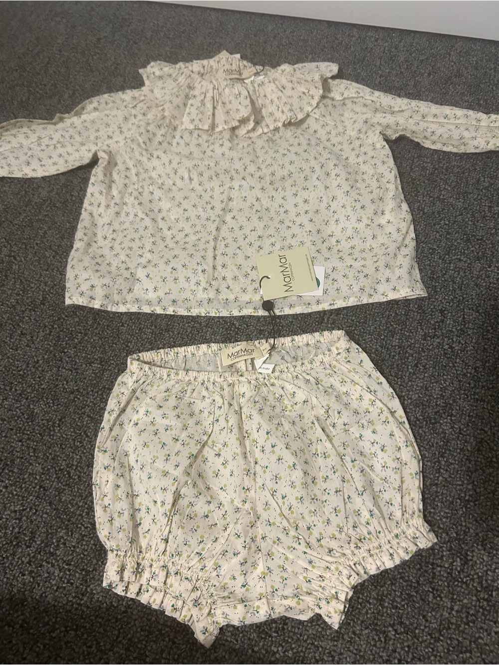 Cream Floral Ruffle Neck Kids Blouse and bloomers